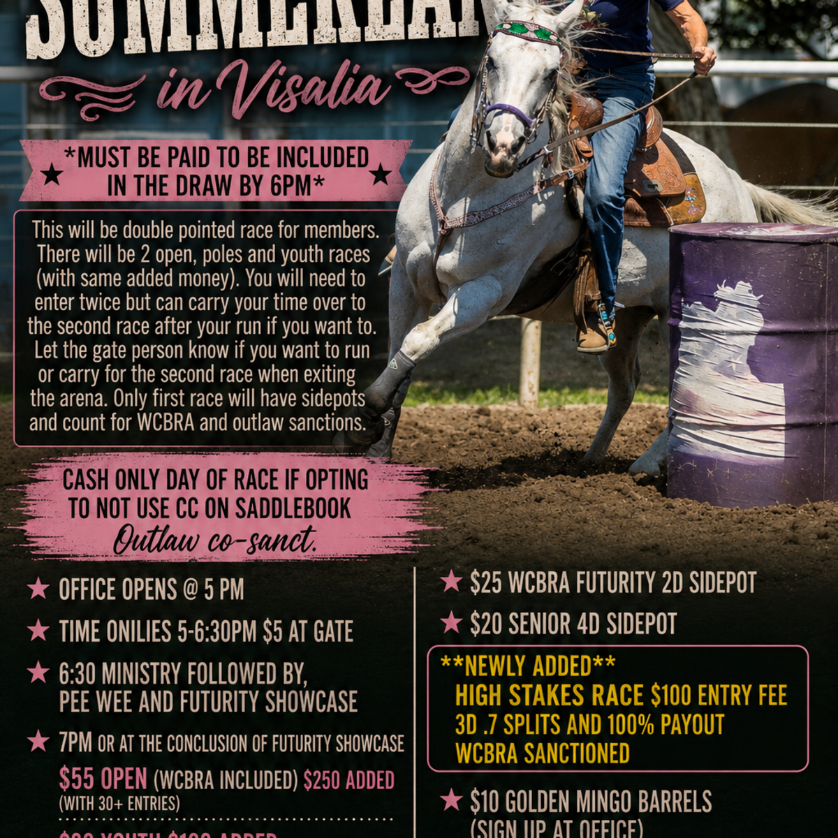 California Christian Barrel Racing $250 added open, youth and poles $100 added each(min 15 riders) x 2 (only first race will count for wcbra and outlaw sanctions. Combined draw for barrels.