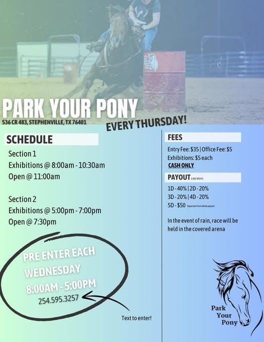 Park Your Pony Thursday Barrel Race flyer