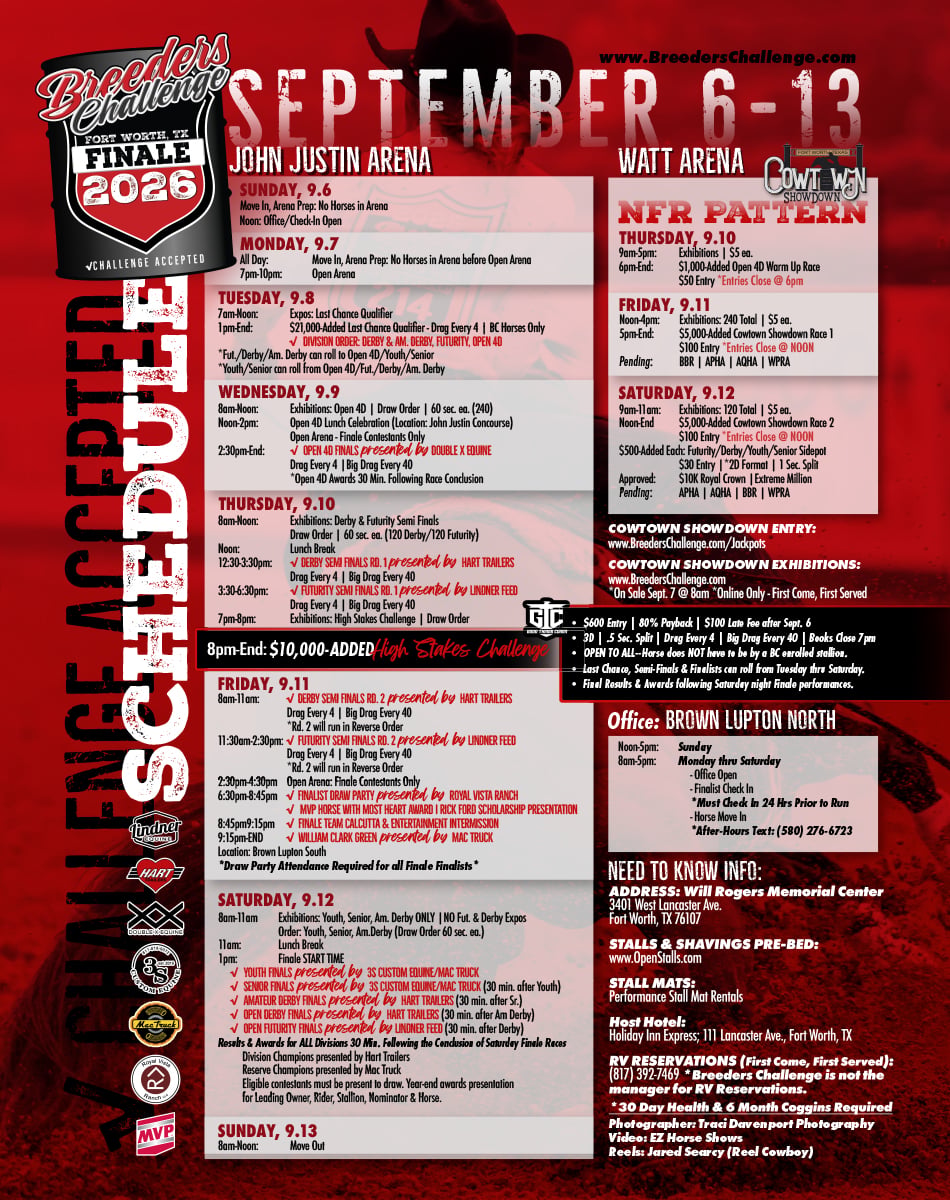 Breeders Challenge Finale & Schedule for Week flyer